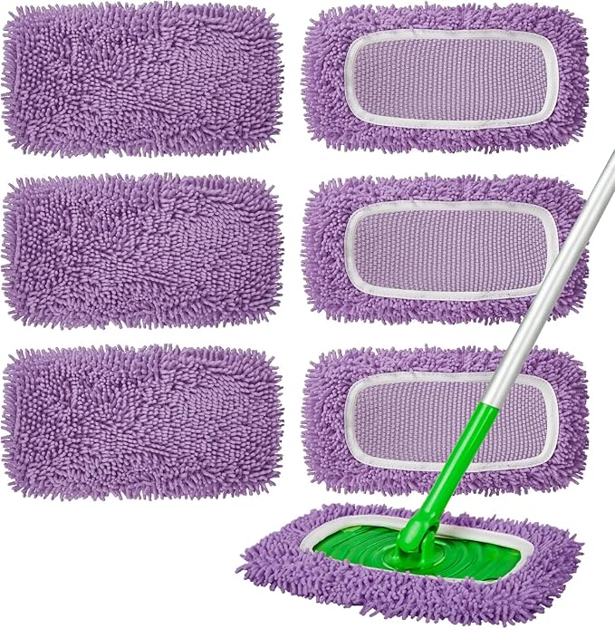 6Pcs Reusable Microfiber Mop Pads Compatible with Swiffer Sweeper Mop, Wet and Dry Flat mop Cover, Replacement Sweeping Mopping pad Refills for Surface/Hardwood Floor Cleaning