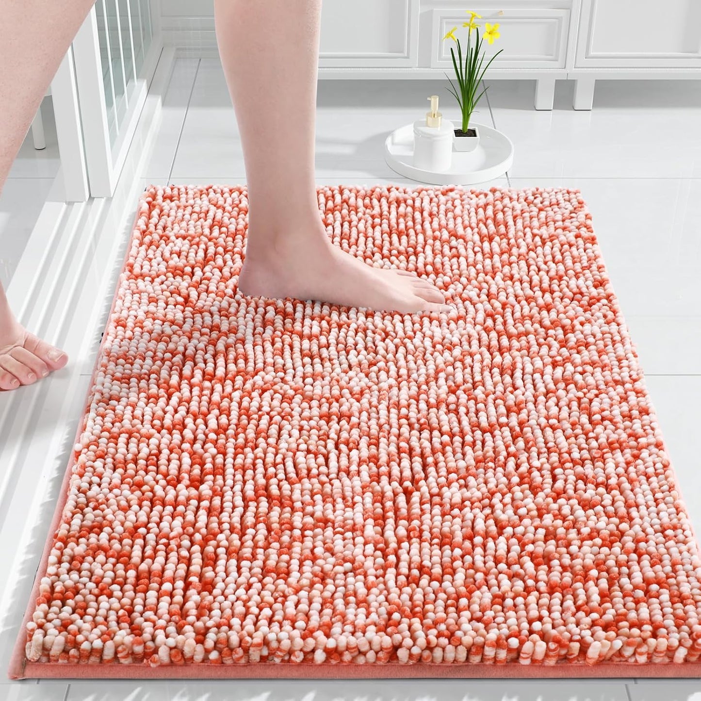 Yimobra Chenille Bathroom Rugs, 31.5x20, Extra Soft Bath Mats for Bathroom Non Slip, Fluffy Plush Luxury Shower Mat Outside, Water Absorbent, Machine Washable, Sink and Tub, Orange & Pink