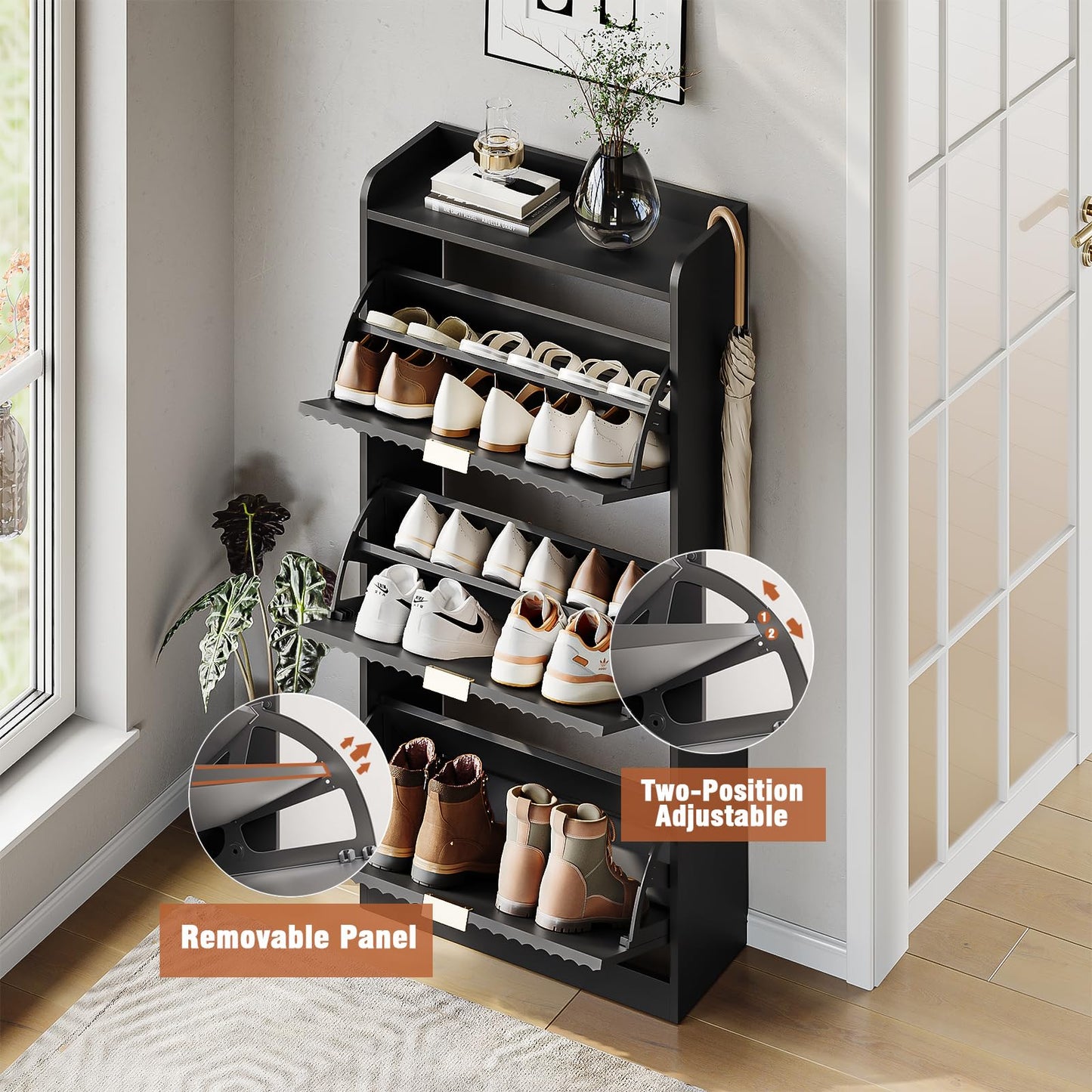 SINROM Fluted Shoe Cabinet with 3 Flip Drawers, Narrow Shoe Storage Cabinet for Entryway, Freestanding Shoes Rack Organizer Cabinets with Adjustable Shelves for Entryway, Hallway