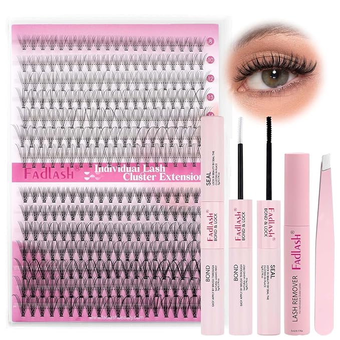 FADLASH Lash Clusters Kit 8-16mm Eyelash Cluster Lashes with Lash Bond and Seal Lash Remover Lash Tweezers DIY Lash Extension Kit (10D+20D-07C-8-16 Kit)