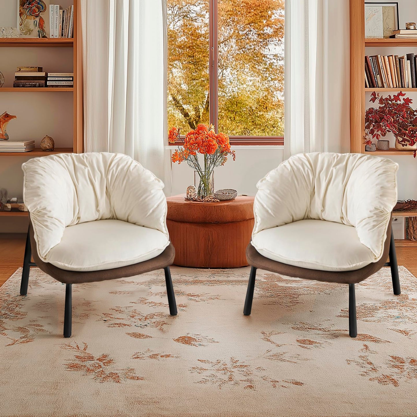 GODECOR Velvet Accent Chair Modern Barrel Chair with Metal Legs Comfy Armchair Accent Reading Chair for Living Room/Bedroom/Study Room/Home Office,Beige & Brown