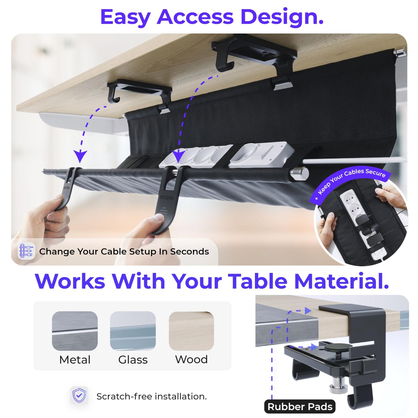 Ascrono Original No Drill Under Desk Cable Management Tray 27.3" - Premium Black Fabric Cable Management Under Desk - Clamp/Screw Mount Cord Organizer - Supports Upto 66lbs