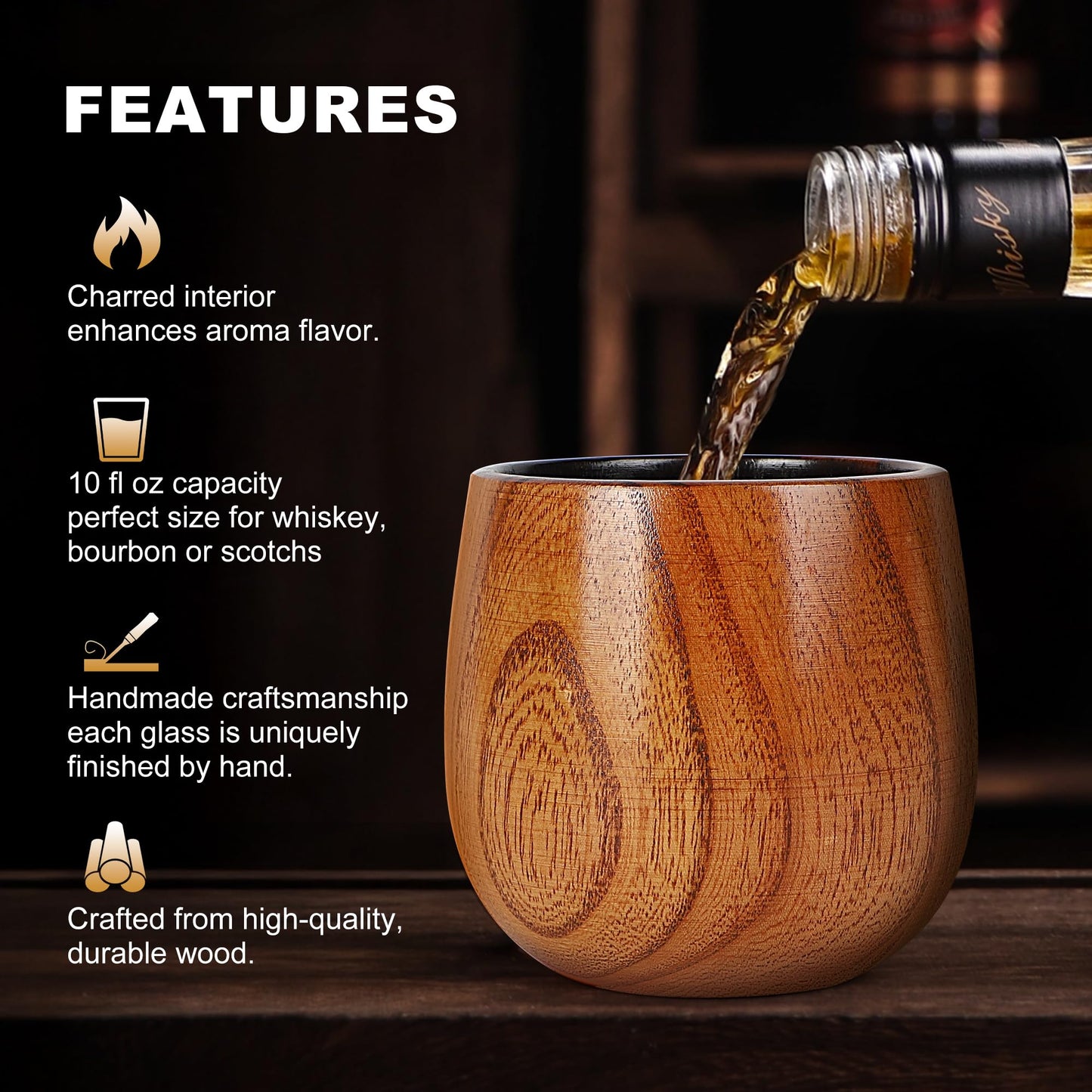 Charred Wooden Whiskey Glass, Handcrafted Wooden Old Fashioned Glass 10oz Bourbon Gifts for Men Dad Husband Brother, Bourbon Cup Perfect Gifts For Father's Day Anniversary Birthday Christmas