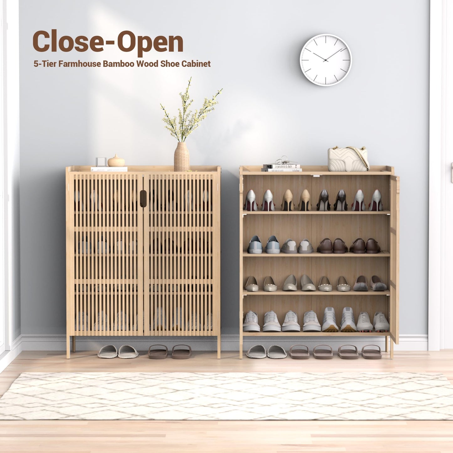 Bamboonova Shoe Cabinet, 20 Pair Farmhouse Shoe Organizer Cabinet, Freestanding Bamboo Wood Shoe Storage Cabinet with Grille Doors, 5-Tier Narrow Shoe Cabinet for Entryway Hallway, Natural
