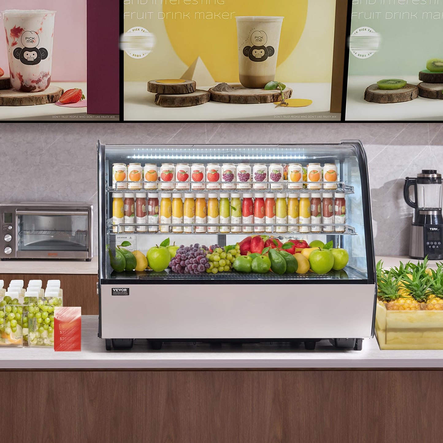 VEVOR Refrigerated Display Case, 5 Cu.Ft./146L Countertop Pastry Display Case, 2-Tier Commercial Display Refrigerator with LED Lighting, TURBO Cooling, Frost-Free Air-Cooling, for Bakery