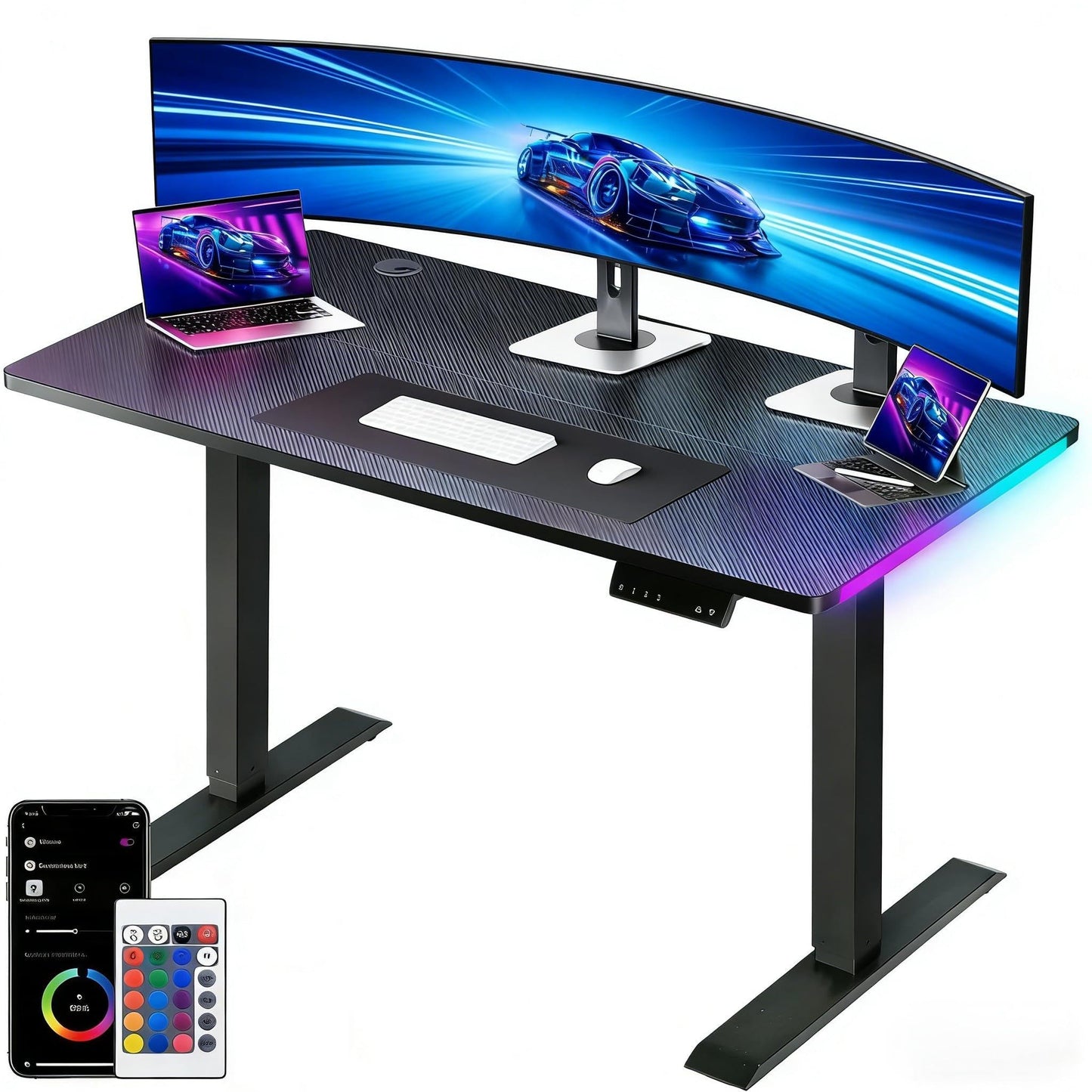 GTPLAYER Electric Standing Desk, Gaming Desk with LED Lights, Height Adjustable - RGB Computer Desk with Mouse Pad for Home, Office