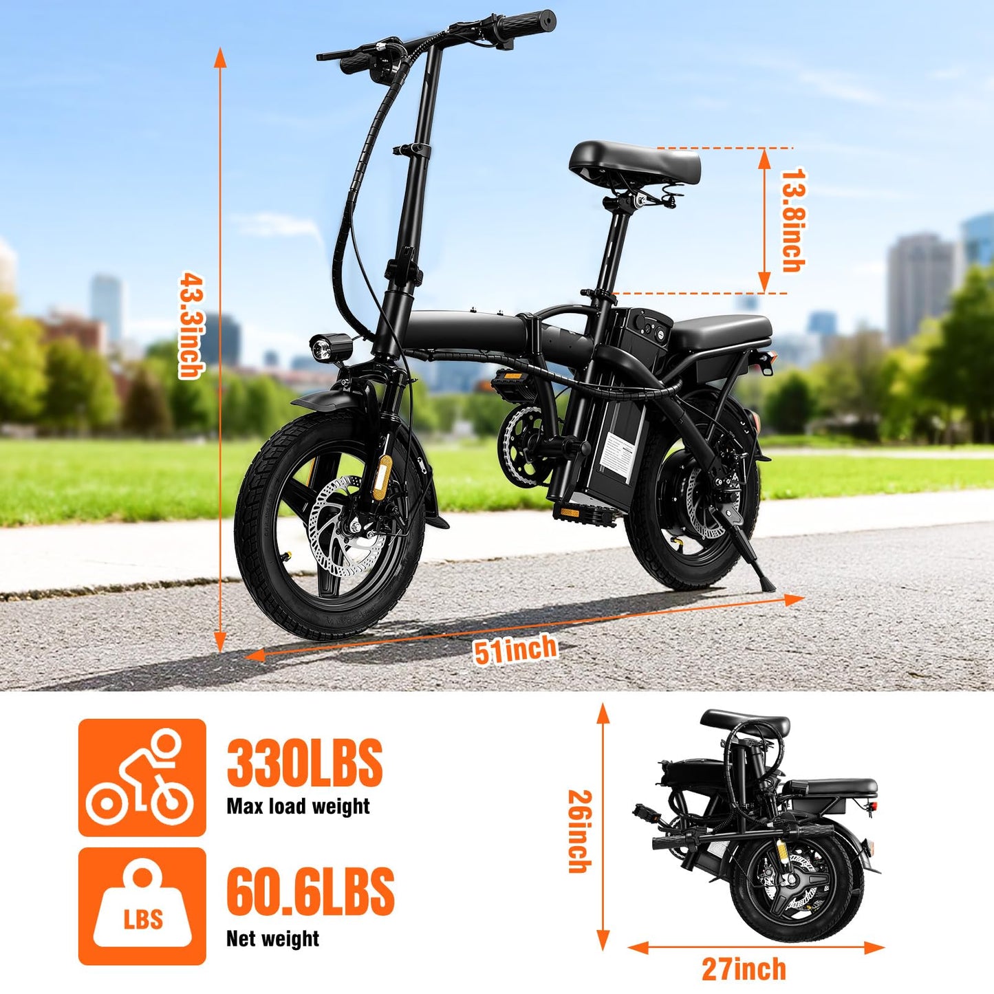 Furider Foldable Electric Bike for Adults & Teens, 560W Brushless Motor 24MPH Ebikes, 32 Mile Range 48V 10Ah Battery, 3-Level Pedal Assist, 14" Tires Mini Folding Electric Bicycle, UL 2849 Certified