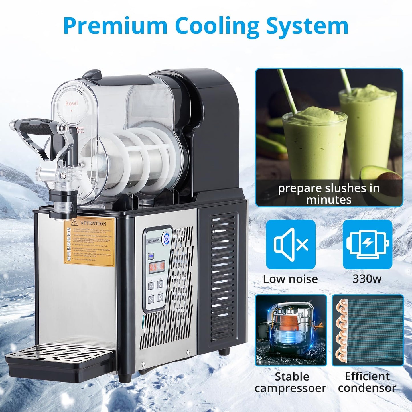 PeacefulHues Commercial Slush Machine for Frozen Drinks – Dual 4L Stainless Steel Tanks, Self-Cleaning, 370W, Ideal for Bars, Restaurants, Home – Includes Carbon Steel Wrench, 7.2L Total