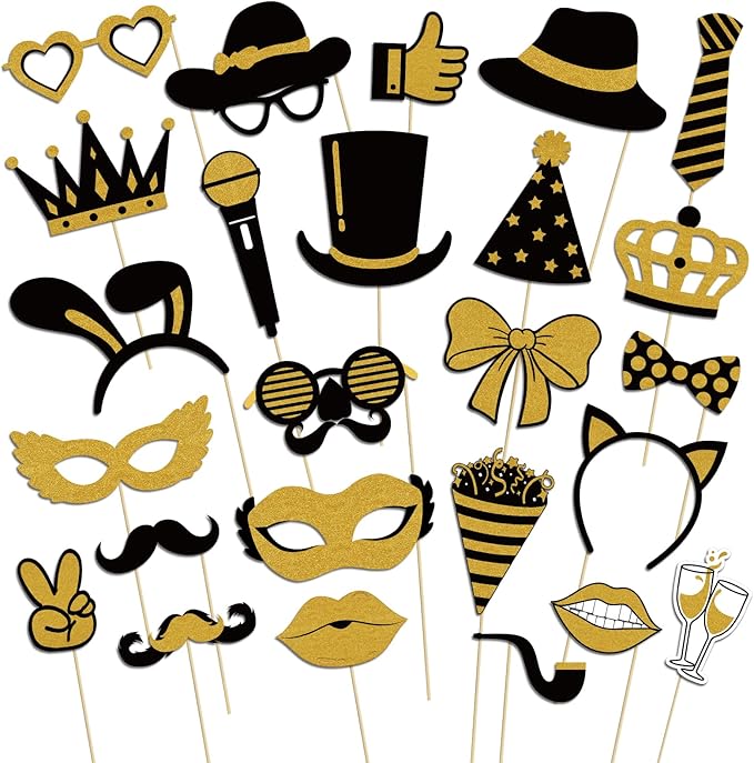 Photo Booth Props, Kaluofan 25PCS Black and Gold Party Decorations, Funny Photo Party Props Accessories for Adults and Kid...