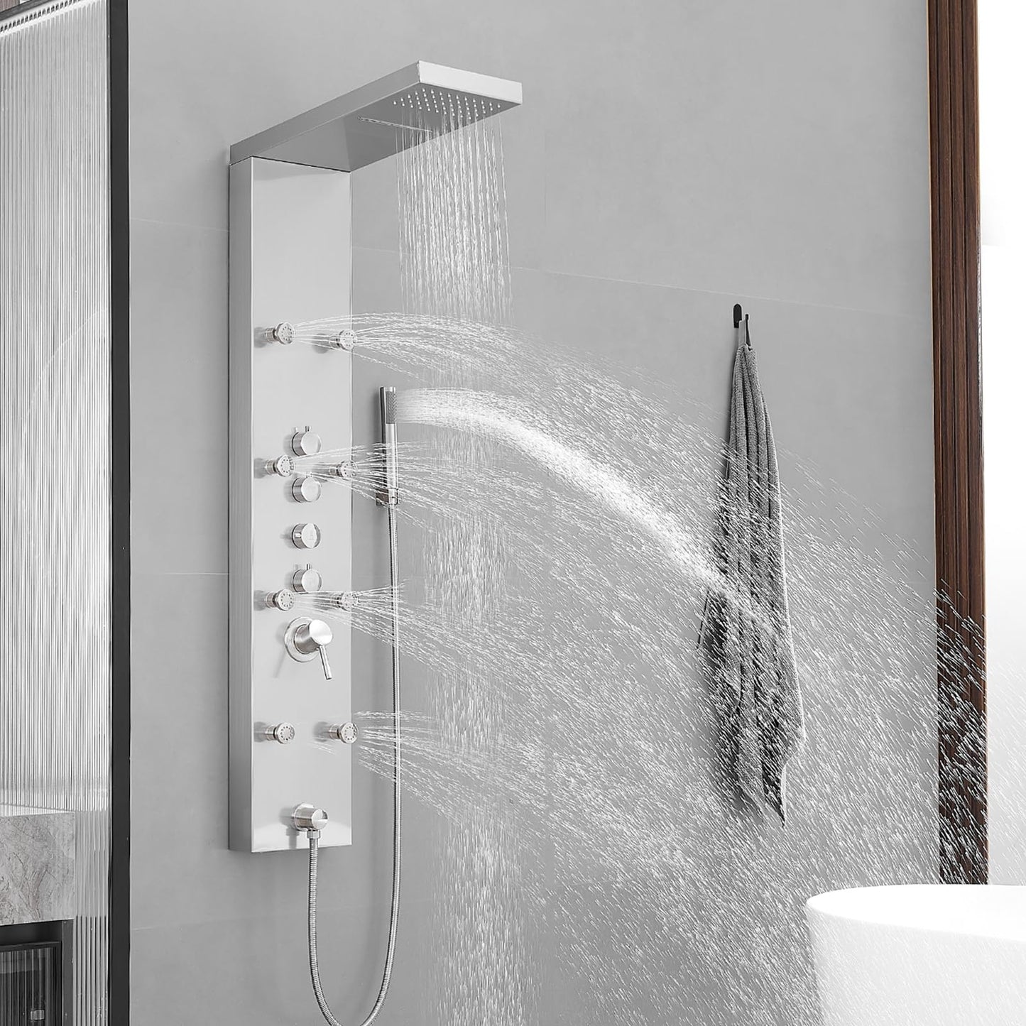 BATHLAVISH Shower Panel Tower System, 4 in 1 Stainless Steel Rainfall Shower Panels with 4-Functions, 8 Body Massage Jets, Handheld Head, Wall Mounted Brushed Nickel