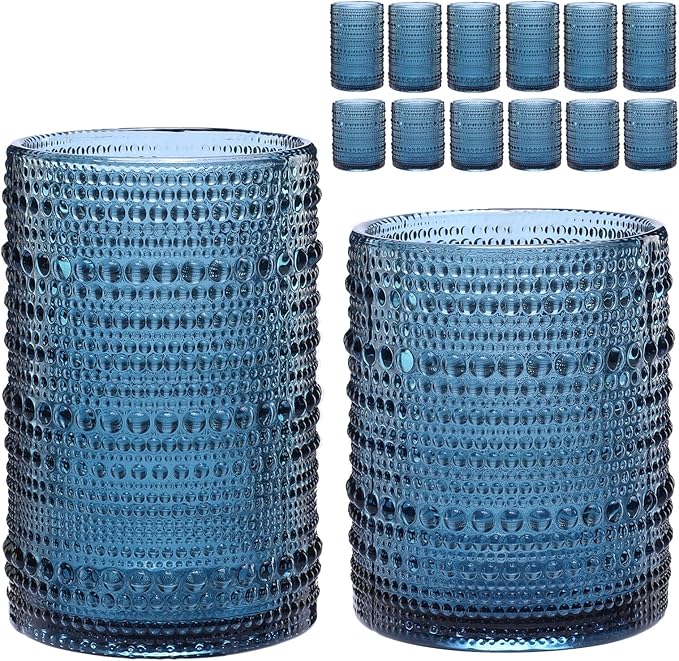 ZMOWIPDL Vintage Glassware Drinking Glasses Set of 12,Blue 12oz & 15oz Hobnail Glass Cups,Embossed Water Tumbler,for Beer,...