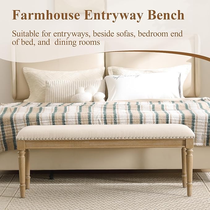 DM Furniture 46'' French Country Entryway Bench Wooden Linen Fabric Upholstered Seat Dinng Bench with Nailhead Trim for Hallway End of Bed, Beige