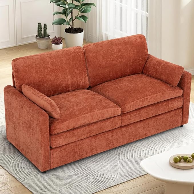 ACMEASE 69” Chenille Loveseat Sofa w/Arm Pillows, Upholstered 2-Seater Sofa w/Comfortable Back Cushions, Modern 2 Seats Couch w/High-Density Foam for Living Room, Apartment, Office, Orange