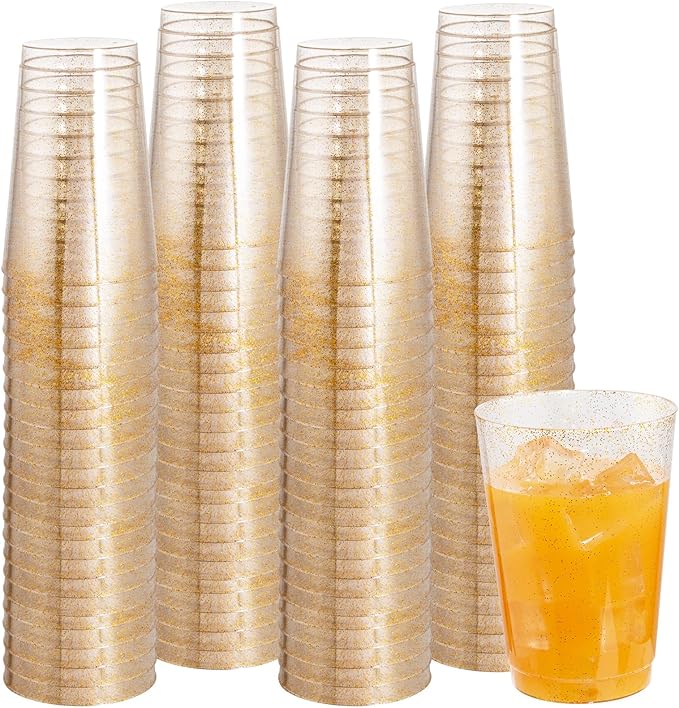 I00000 100 Pack 12 oz Gold Glitter Cups, Clear Disposable Cups, Gold Plastic Wine Glasses Cocktail Glasses Heavy Duty Cup...