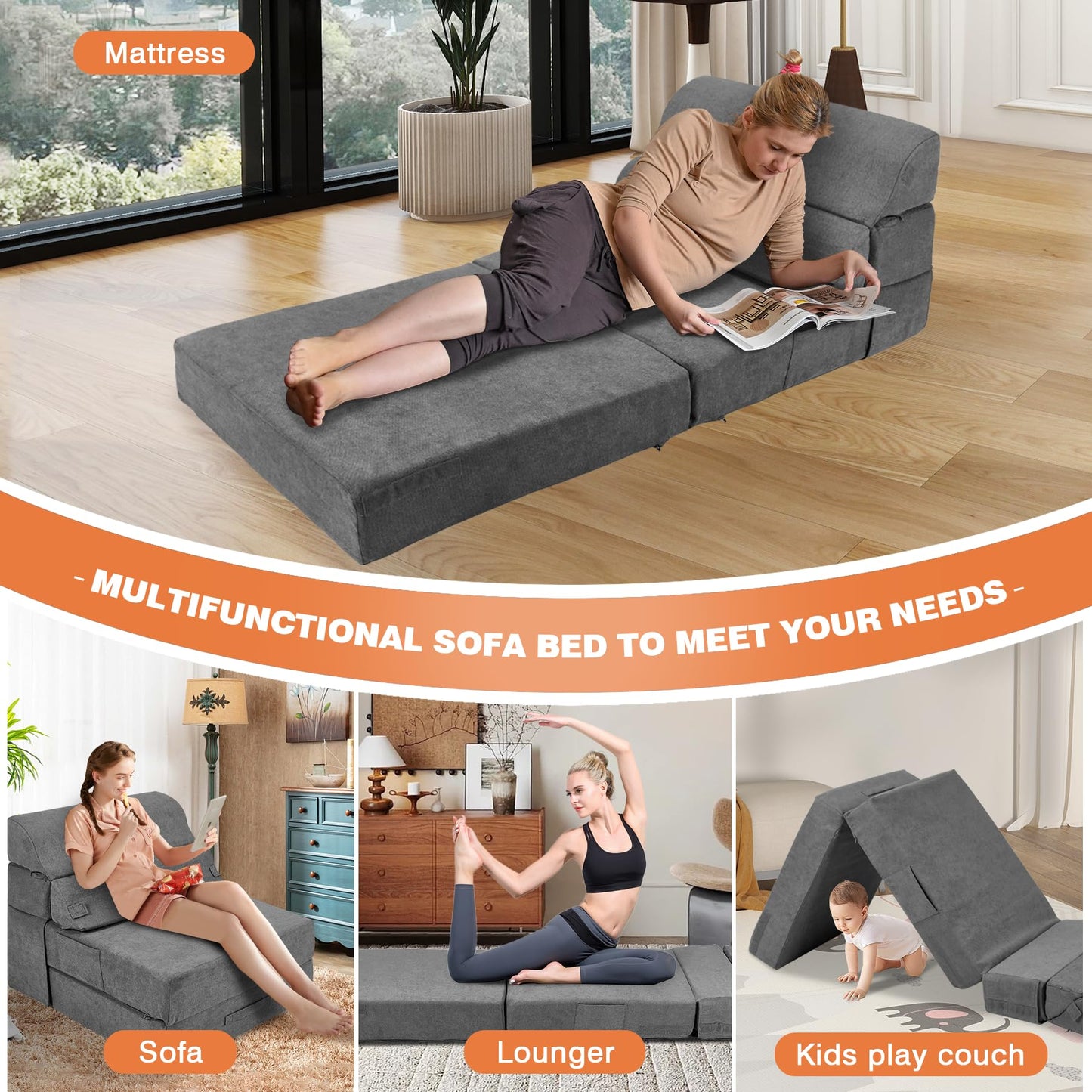 LitaiL Comfy Folding Sofa Bed - Grey Convertible Sleeper Sofa Fold Out Sleeper Chair Couch for Living Room Bedroom Guest, Foldable Floor Chair Lounger Mattress with Back Support for Travel, Camping