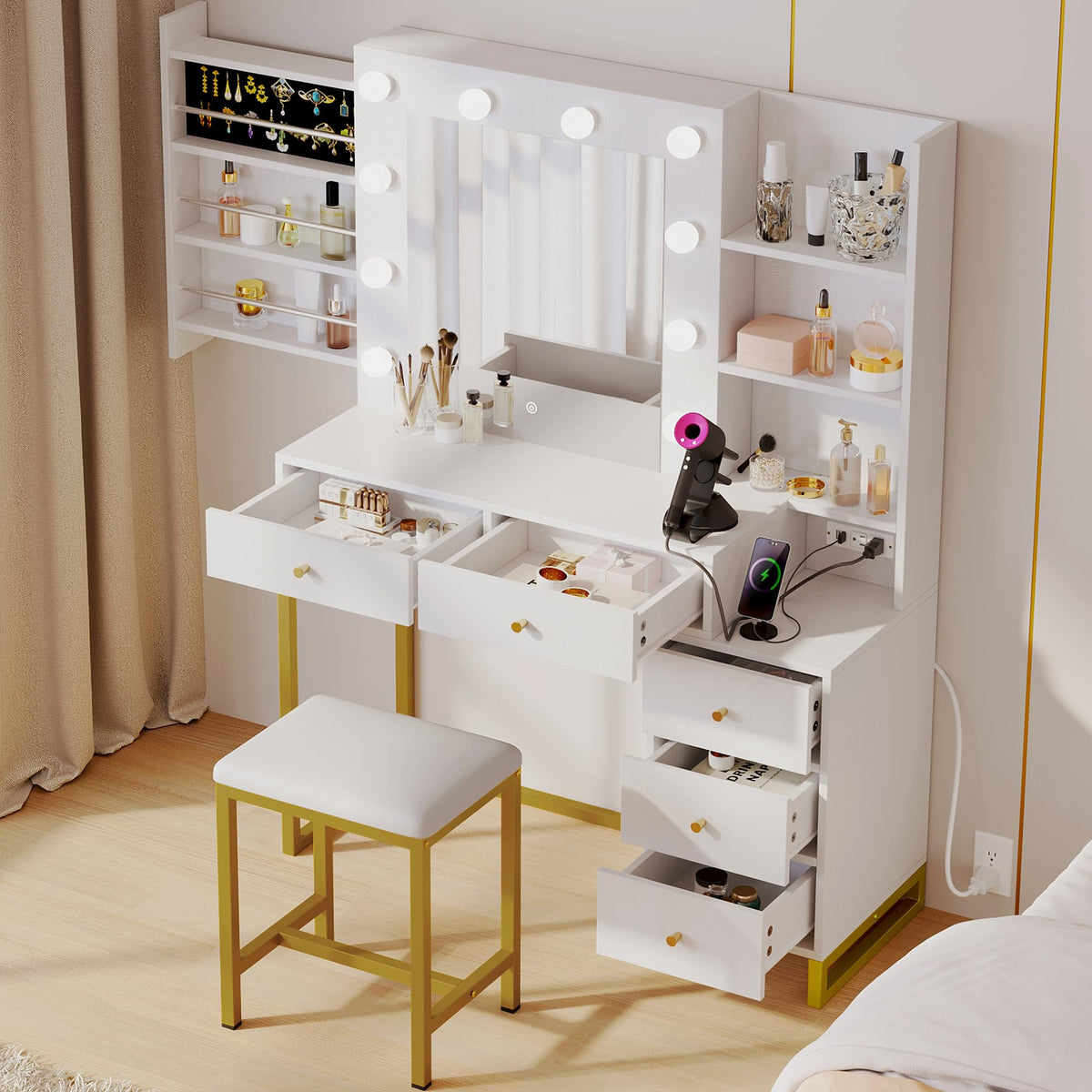 YITAHOME Makeup Vanity Desk with Mirror & Power Outlet, Hollywood Vanity Set with Hidden Jewelry Storage, 5 Drawers and Lots Shelves, Adjustable 3 Lighting Colors, Dressing Table with Stool, White