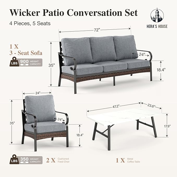 HERA'S HOUSE 4 Piece Metal Patio Furniture Set, All Weather Outdoor Conversation Set with 3 Seat Sofa, 2 x Cushioned Fixed Chair & Coffee Table, Seats 5 for Backyard, Garden, Deck, Grey