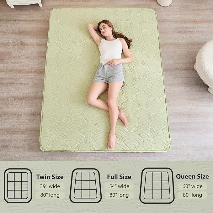 Zelladorra Japanese Floor Mattress, Quilted Futon Mattress with Anti-Slip Bottom, Foldable Floor Bed with Storage Bag and Straps, (Green, Queen)