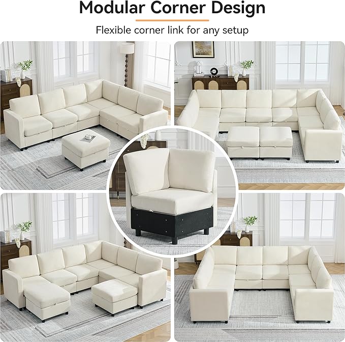 127'' Oversized U Shaped Modular Sofa, Sectional Couches with Storage for Living Room, Modern 9 Seater Cloud Sectional Couch with Movable Ottoman, Chenille Beige