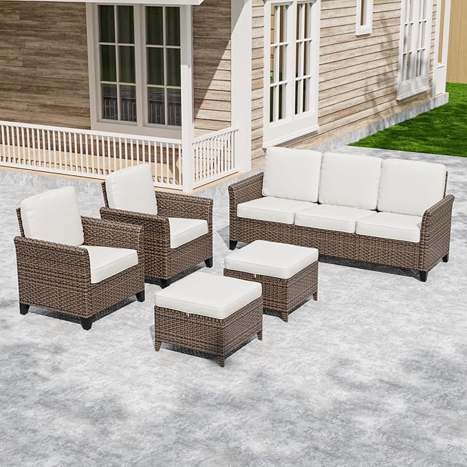 COOS BAY Harbor Retreat 5 Piece Outdoor Furniture Set, Patio Conversation Set with Patio Chairs, 3 Seat Couch and Ottomans, Wicker Furniture, Brown/Beige