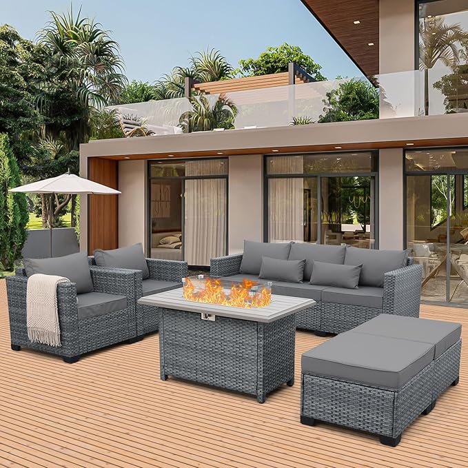 Lviden 6 Pieces Wicker Patio Furniture Sets Outdoor Conversation Set HDPE Rattan Sectional Sofa Couch with 45" Fire Pit Table and Grey Cushions
