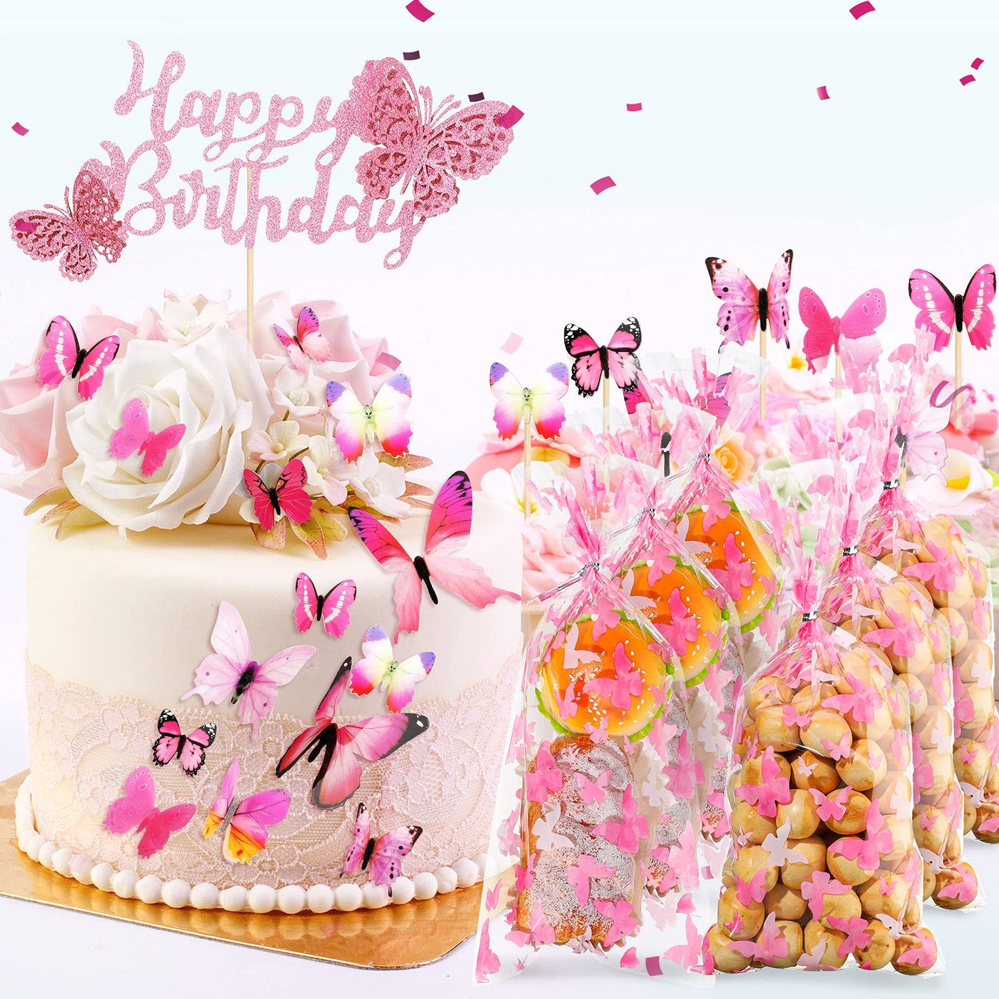 Zonon 100 Pieces Butterflies Cellophane Goody Bags Plastic Candy Treat Bags with 100 Pieces Silver Twist Ties for Butterfly Theme Baby Shower Birthday Party Dessert Decors(Pink)
