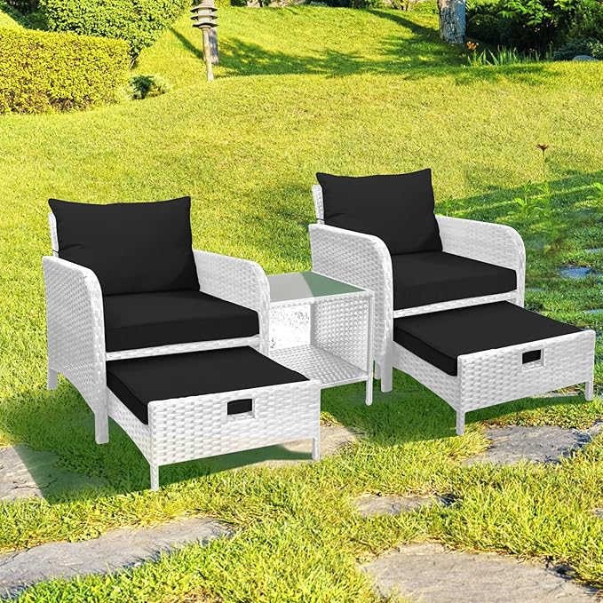 LEVELEVE Balcony Furniture 5 Piece Patio Conversation Set, PE Wicker Rattan Outdoor Lounge Chairs with Soft Cushions 2 Ottoman&Glass Table for Porch