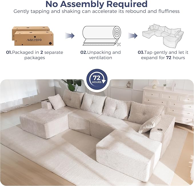 MAXYOYO 132" Giant U-Shaped Modular Sectional Couch, Modern Boneless Couch for Living Room, Sofa in A Box, Oversized Sofa Sleeper with Deep Seat, No Assembly Required, Grayish Beige