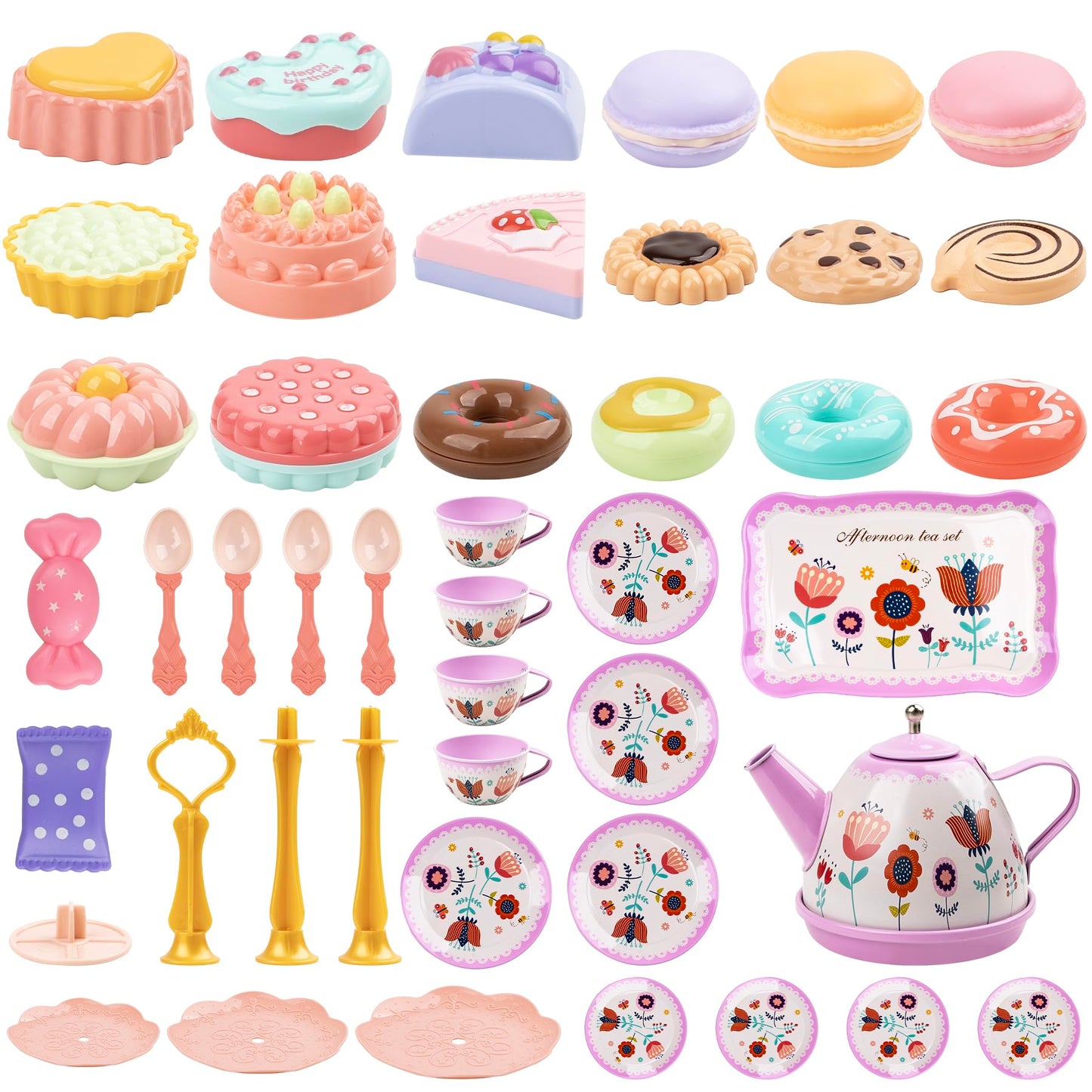 Tea Party Set for Little Girls, 48PCS Princess Tea Time Toy Playset, Kitchen Pretend Play Include Teapot Dishes Dessert & Carrying Case, 3 Year Old Girl Gifts(Flower Design)