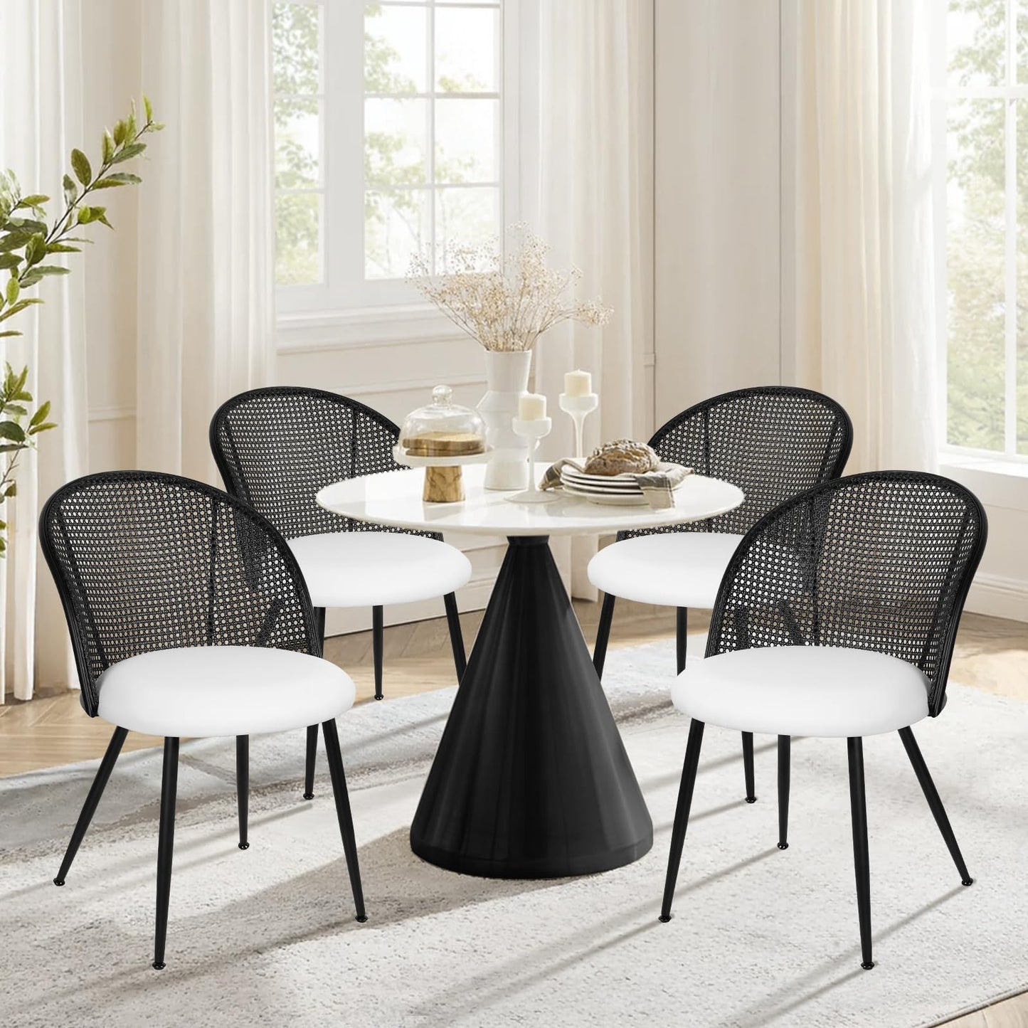 Bekrvio Rattan Dining Chairs Set of 4, Faux Leather Upholstered Dining Chairs with Black Cane Back, Mid-Century Modern Farmhouse Armless Accent Chairs for Kitchen Dining Room, Restaurant, White