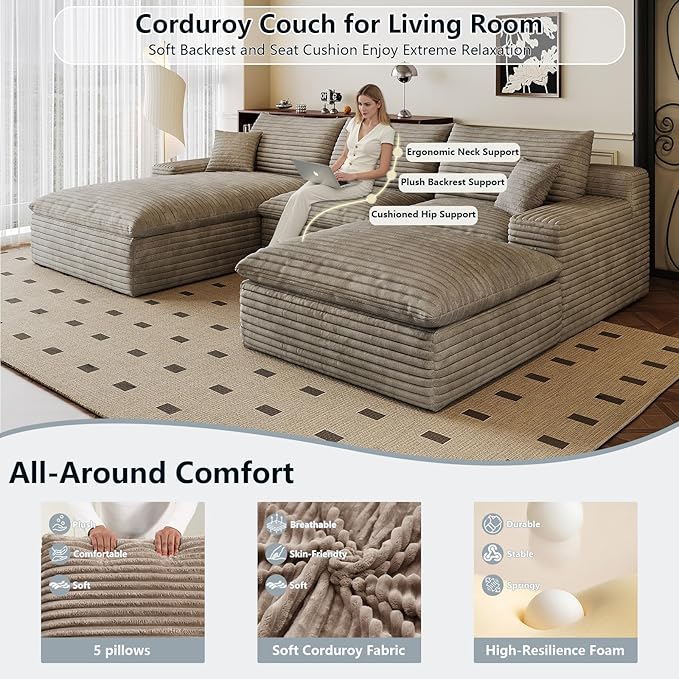 107" Cloud Sectional Couch U-Shaped Chaise with Ottoman, Corduroy Boneless Couch for Living Room Bedroom, Deep-Seat Upholstered Modular Cloud Sofa, No Assembly Required (Camel, Left Facing Chaise)