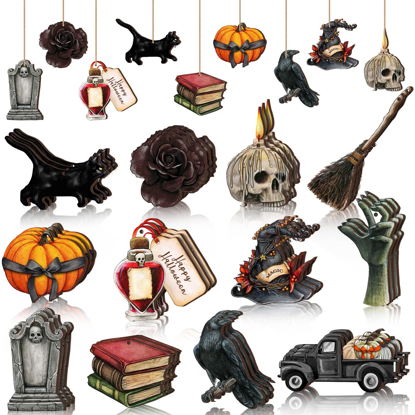Maitys 36 Pcs Halloween Wood Ornaments for Tree Gothic Halloween Decorations Skull Black Cat Pumpkin Hanging Signs Witch Hats Finger Crow Wood Cutouts with Ropes for Home Small Tree Party Indoor Decor