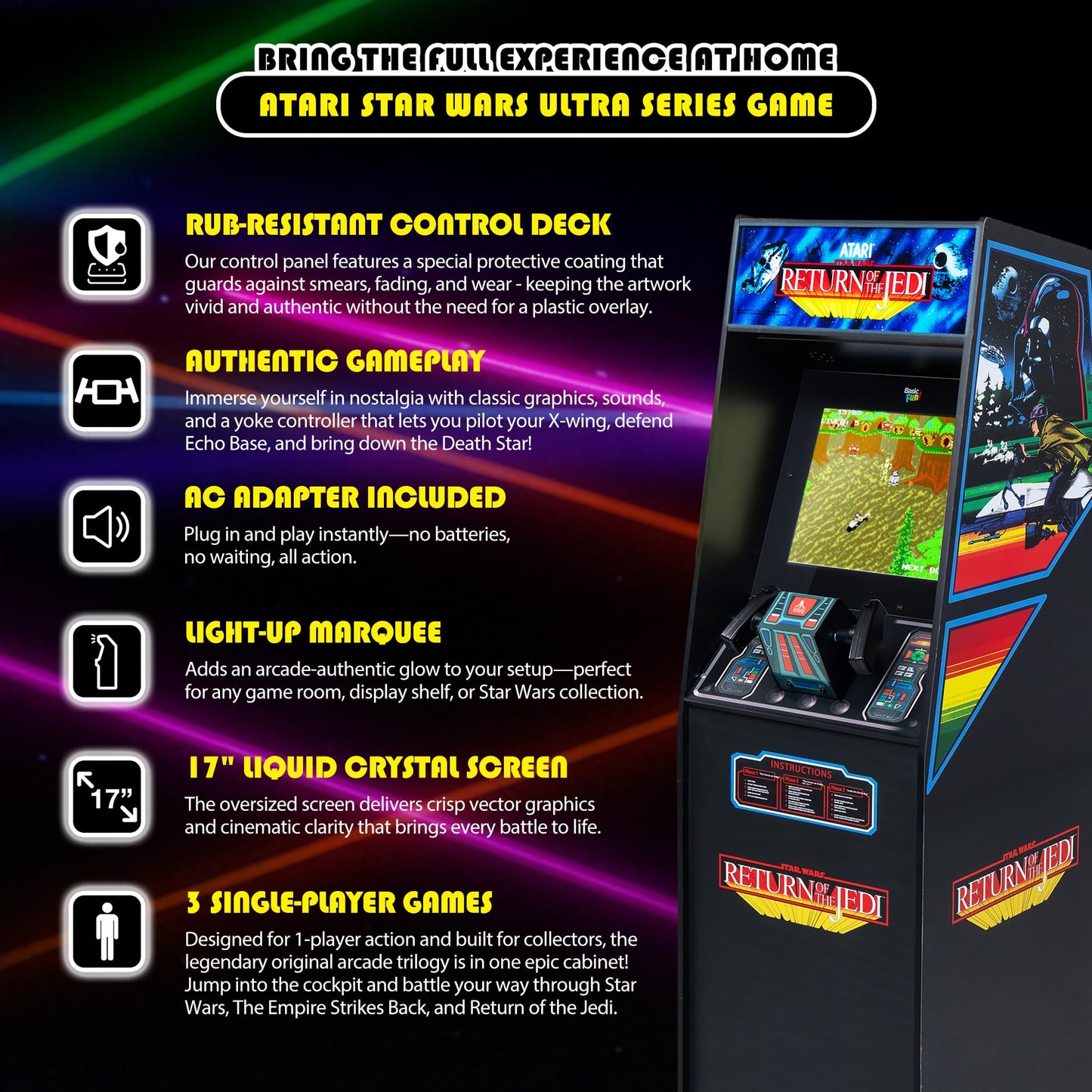 Arcade Classics Atari Star Wars Ultra Series Free Standing Electronic Game w/ 17" Liquid Crystal Screen - Classic Indoor Cabinet Console for Home & Basement Gaming