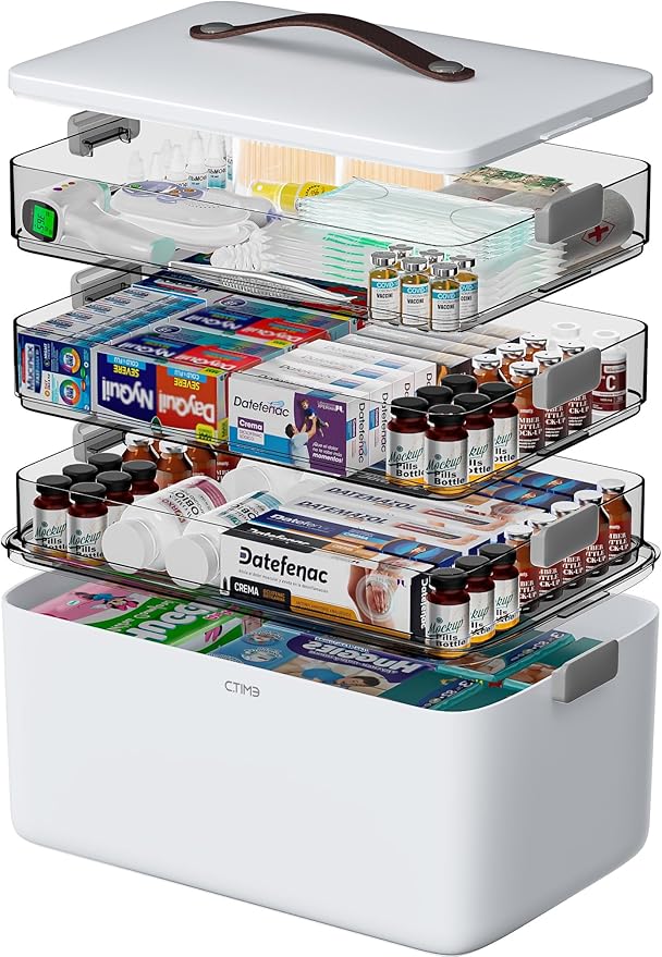 CTIME 4-Tier XL Medicine Organizer - Portable Medicine Cabinet with Leather Handle, Empty First Aid Kit for Home, School, ...