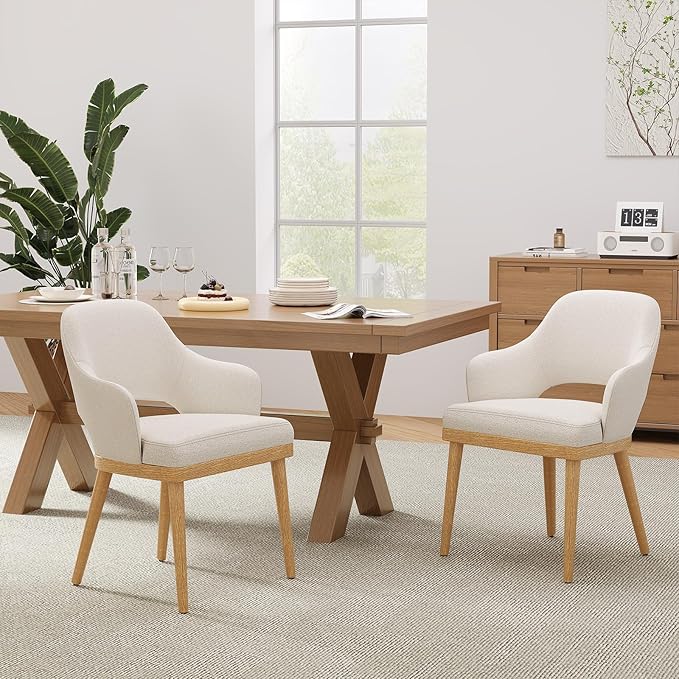 MALOL Wooden Dining Chairs Set of 2, Modern Fabric Upholstered Dining Room Chair, Kitchen Side Chairs, Farmhouse Dinner Chair with Open Back for Kitchen, Beige