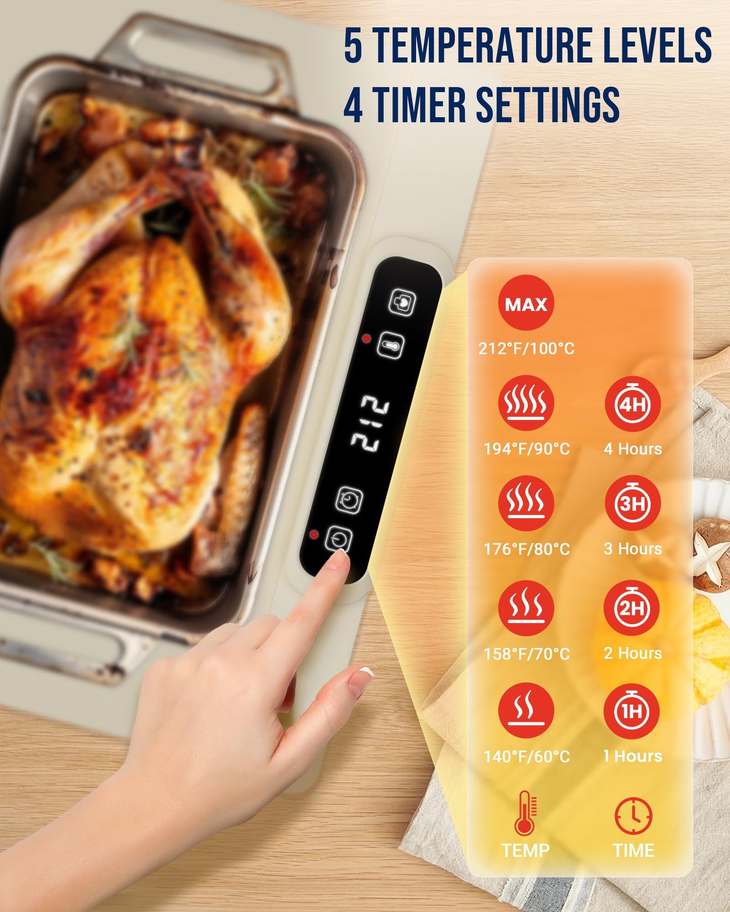 Warming Mat for Food, Food Warming Mats for Countertop with 5 Temperature Levels & 4 Hours Timer, Warming Pads for Food with Child Lock Safety, Food Warmer Mat for Buffet Party
