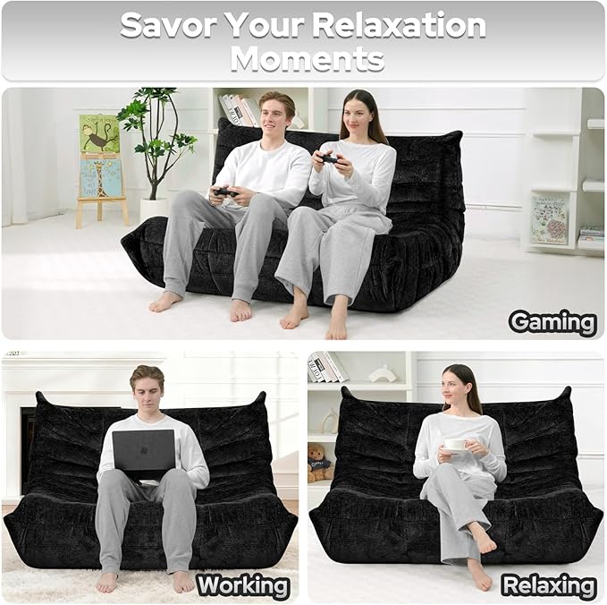 HABUTWAY Bean Bag Chair, Giant Bean Bag Chairs for Adults, Loveseat Fireside Chair, 2 Seater Lazy Bean Bag Sofa Memory Foam Couch for Living Room, Bedroom, Office (Black)