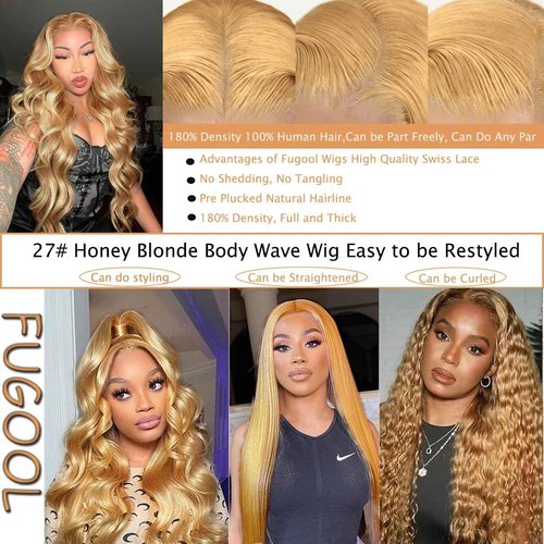 Fugool Honey Blonde Lace Front Wig 13x6 HD Lace Front Wigs Human Hair Pre Plucked 27# Blonde Body Wave Lace Wig 180 Density Colored Glueless Frontal Wigs For Black Women Human Hair 13x6 22 Inch