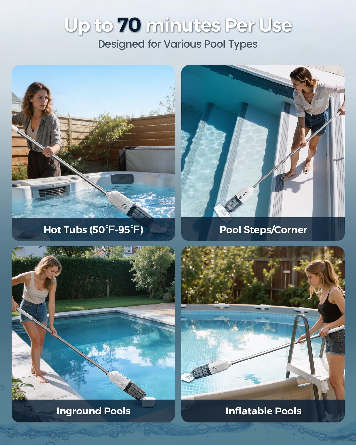 K1 Handheld Pool Vacuum,Pool Vacuum for Above Ground Pool,Rechargeable Pool Cleaner with Extention Pole,16.8GPM,70 Mins Runtime,Above Ground Pool Vacuum for Inground Pools, Spas, Hot Tubs,White