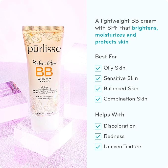 pūrlisse Perfect Glow BB Cream with SPF 30 - Matte Meets Dewy Finish - Enriched with Goji & Hawthorn Berry to Help Improve Skin Texture & Radiance - Medium Tan (1.4 oz)