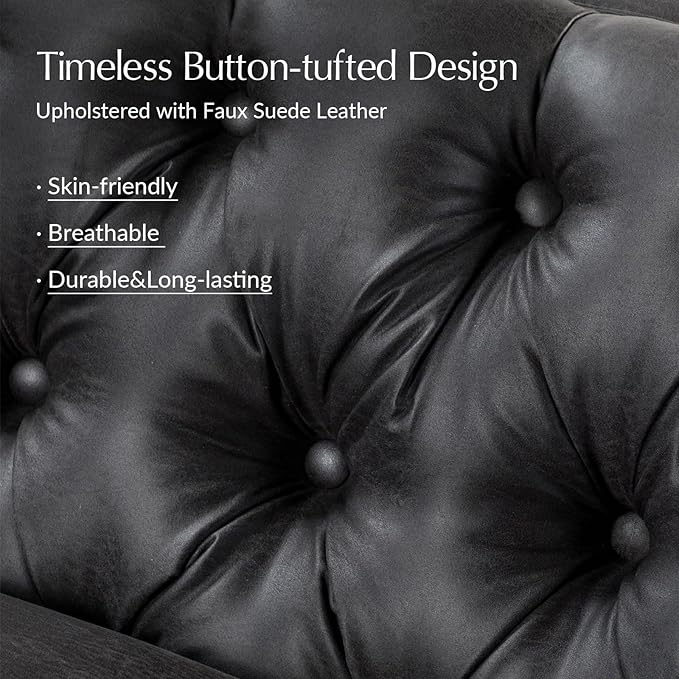 HULALA HOME 84" W Faux Leather Sofa Couch with Metal Legs, Button-Tufted 3-Seater Sofa, Mid Century Modern Contemporary Upholstered Couch for Living Room, Apartment, Charcoal