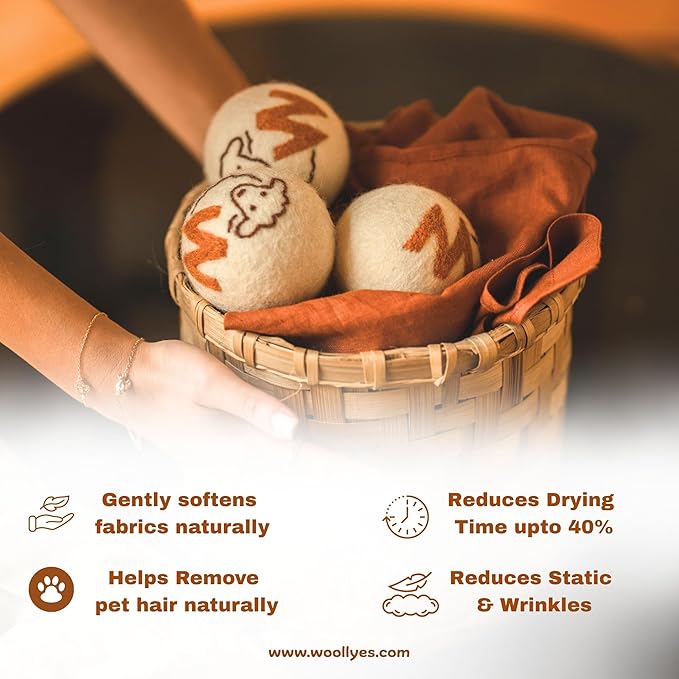 Woolly’s Wool Dryer Balls (Pack Of 6) | 100% Pure New Zealand Wool | Reduces Drying Time up to 40% | Chemical-Free Fabric Softener