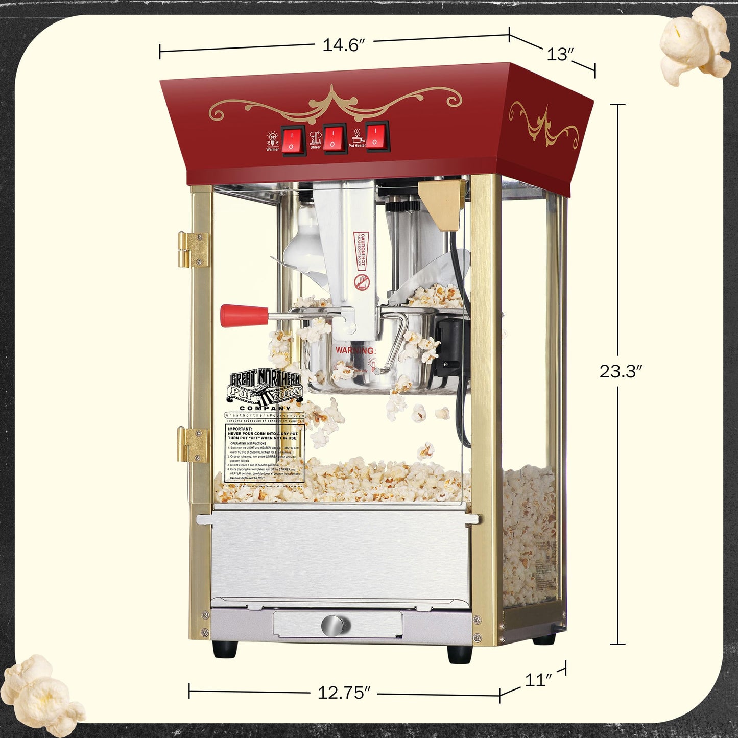 Matinee Popcorn Machine - 8oz Popper with Stainless-Steel Kettle, Reject Kernel Tray, Warming Light, and Accessories by Great Northern Popcorn (Red)