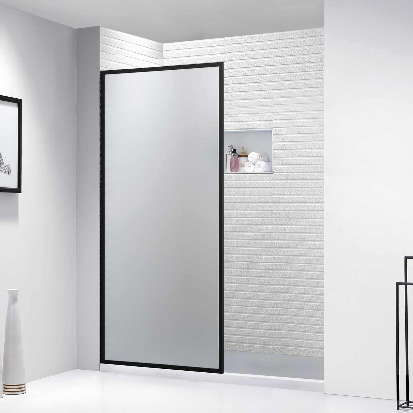 FELYL Frosted Shower Glass Panel 32" W x 74" H, Matte Black, Framed Fixed Glass Panel, 5/16" (8mm) SGCC Tempered Glass, Reversible Installation