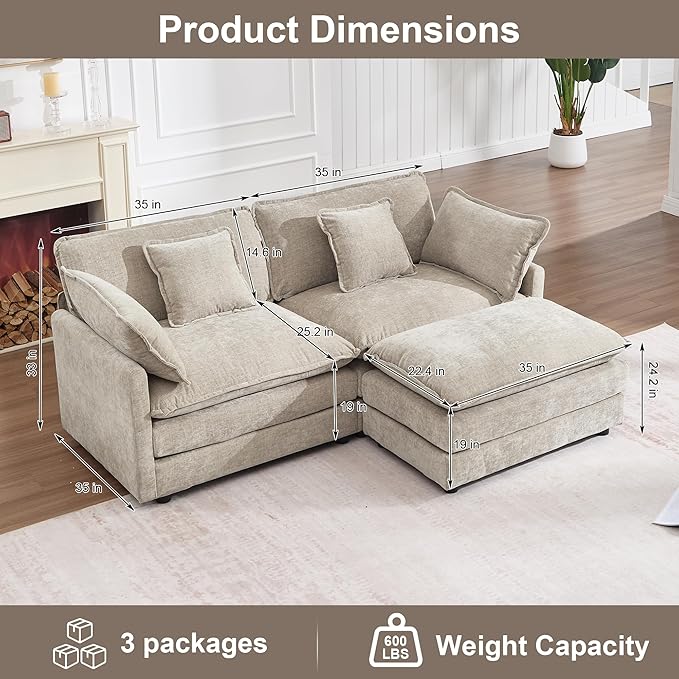 KIVENJAJA Chenille L-Shaped Modular Sectional Sofa, Modern Loveseat Comfy Deep Seat Cloud Couch with Ottoman/Chaise & 4 Pillows for Living Room Office Apartment, 76.7" W, Light Camel