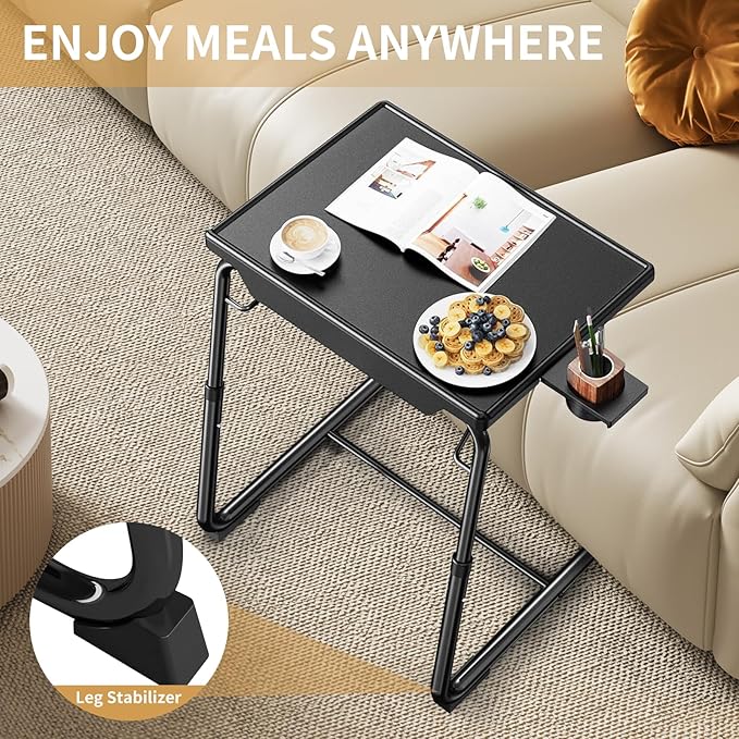 ZUCONKITCH Adjustable TV Tray Tables with 6 Height & 3 Tilt Angle, Folding TV Dinner Tray,TV Table with Cup Holder on Bed & Sofa (2 Pack, Black)