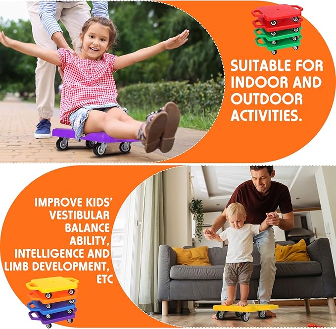 Deekin 12 Pcs Scooter Boards with Handles Bulk for Christmas Family Games Plastic Floor Sitting Scooter for Kids Children Gym Indoor Outdoor Activities Play and Daycare Supplies (Colorful)