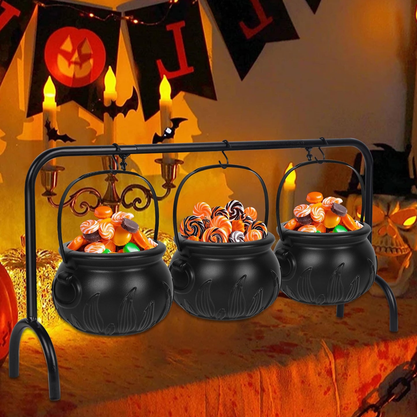 Zcaukya St. Patrick's Day Decorations, 3 Packs Plastic Witch Cauldrons Hanging On Iron Rack, Black Witch Pots Set with Stand Candy Holders for Haunted House Party Supplies Tabletop Decor