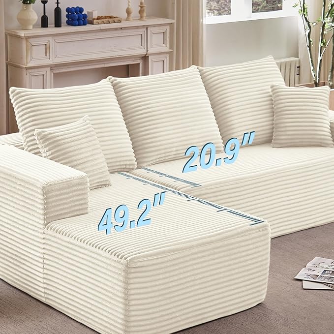 107" W Cloud Sectional Couch with L-Shape Chaise, Modern Corduroy Boneless Couch for Living Room,Memory Foam Sofa with Deep Seat,No Assembly Required (White,Left-Facing Chaise)
