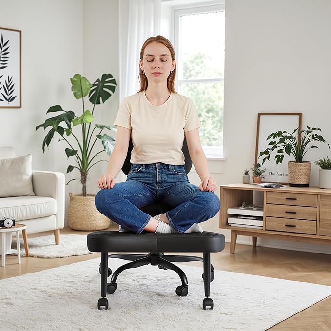 Homall Ergonomic Cross Legged Office Desk Chair with Wheels, 360° Swivel and Adjustable Height for Meditation and ADHD,Criss Cross Kneeling Chair with Lumbar Support (Leather, Black)